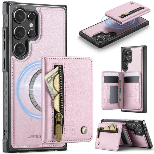 JEEHOOD For Samsung Galaxy S24 Ultra Case  J12 Magnetic Detachable Zipper Wallet Kickstand Leather Back Cover Magnetic Case - Pink - 1