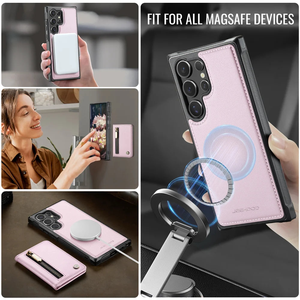JEEHOOD For Samsung Galaxy S24 Ultra Case  J12 Magnetic Detachable Zipper Wallet Kickstand Leather Back Cover Magnetic Case - Pink - 6