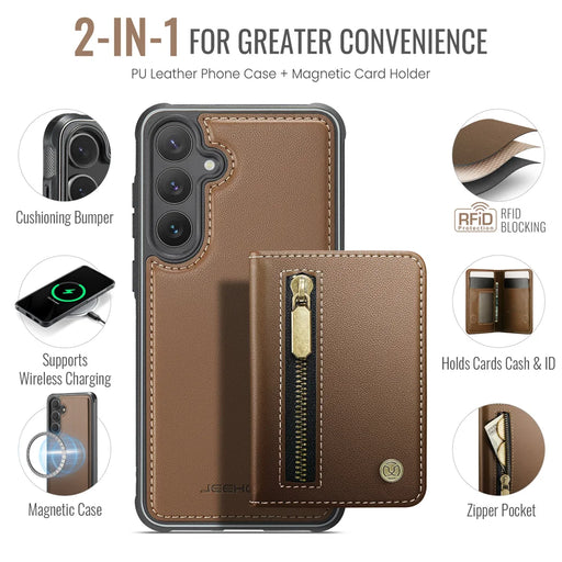 JEEHOOD For Samsung Galaxy S25 Case  J12 Magnetic Detachable Zipper Wallet Kickstand Leather Back Cover Magnetic Case - Brown - 2