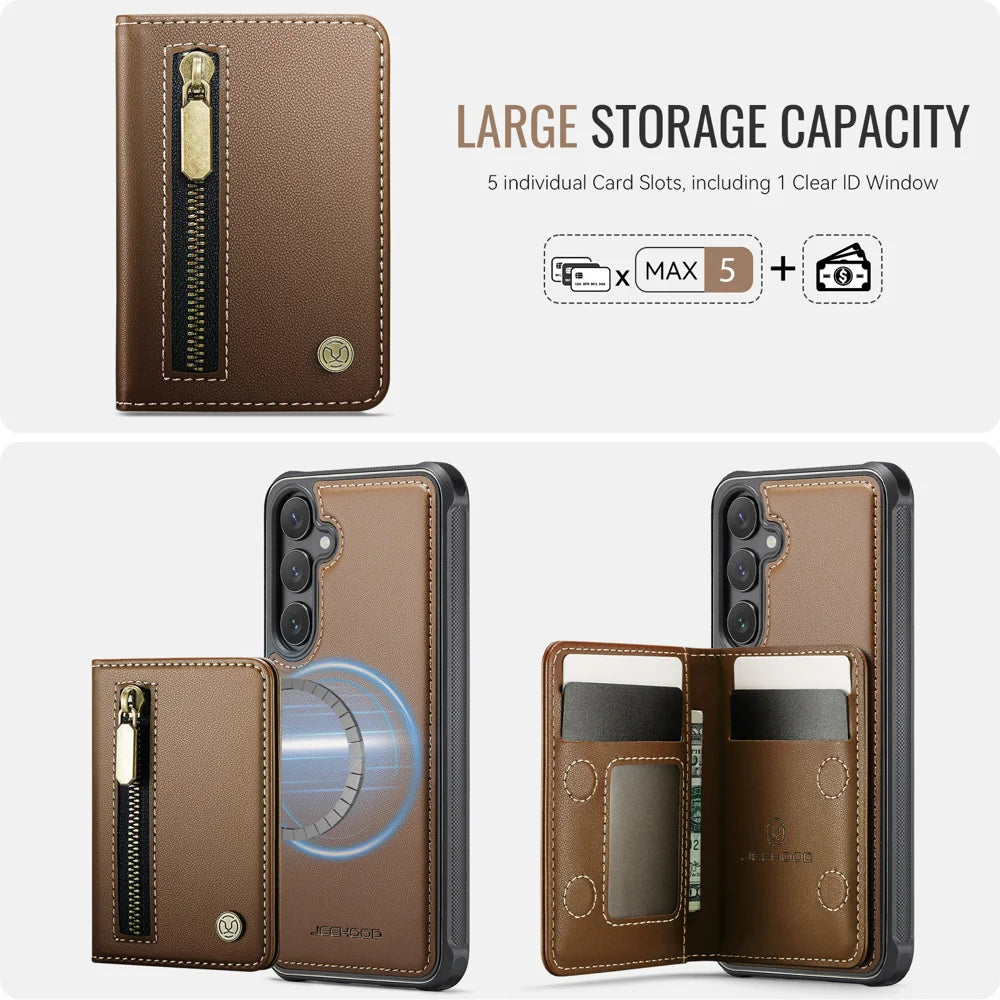 JEEHOOD For Samsung Galaxy S25 Case  J12 Magnetic Detachable Zipper Wallet Kickstand Leather Back Cover Magnetic Case - Brown - 5