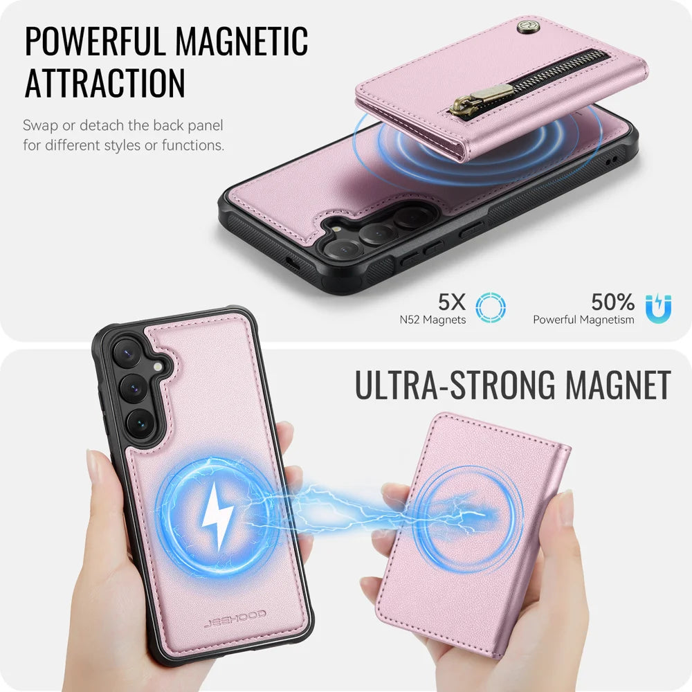 JEEHOOD For Samsung Galaxy S24+ Case  J12 Magnetic Detachable Zipper Wallet Kickstand Leather Back Cover Magnetic Case - Pink - 3