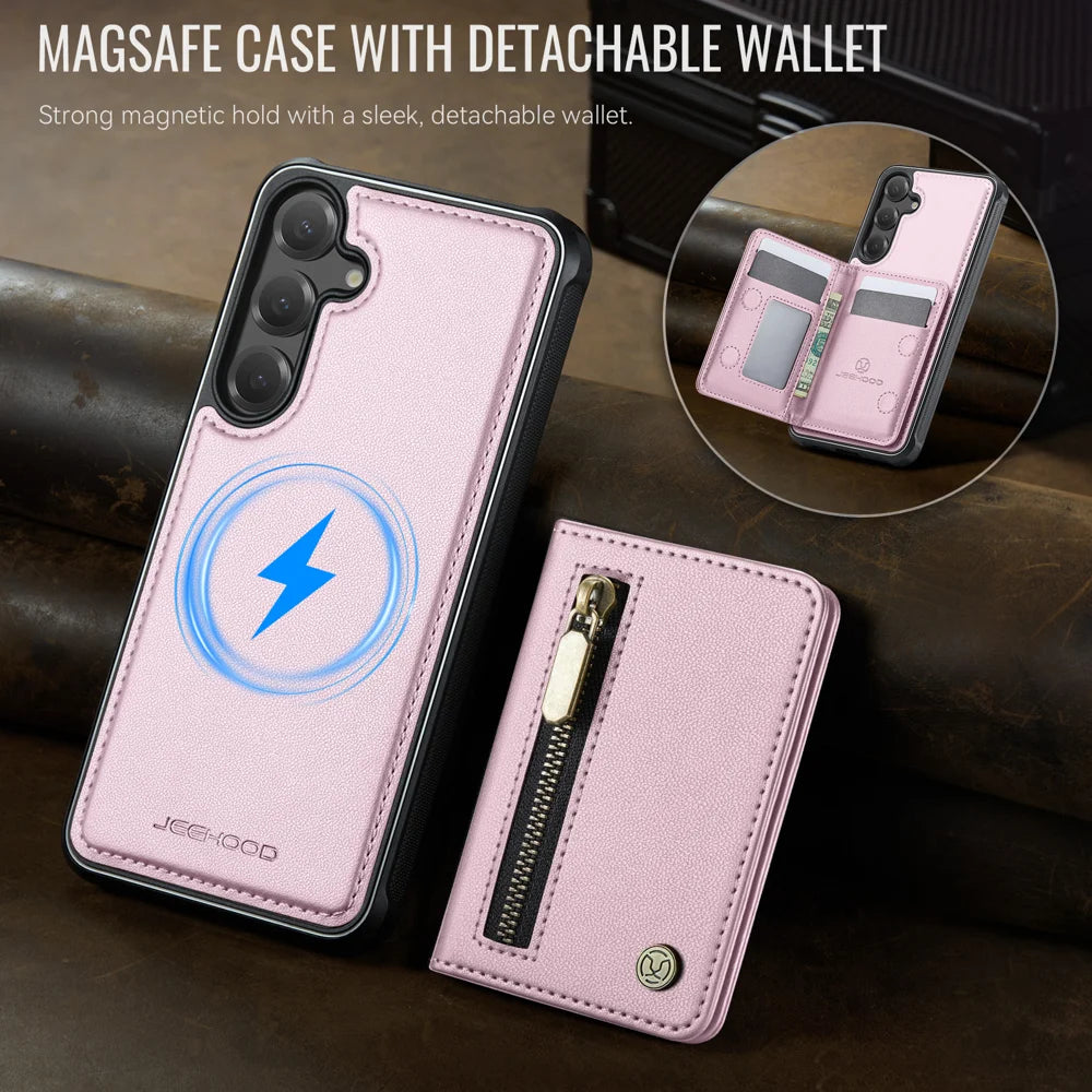 JEEHOOD For Samsung Galaxy S24+ Case  J12 Magnetic Detachable Zipper Wallet Kickstand Leather Back Cover Magnetic Case - Pink - 4