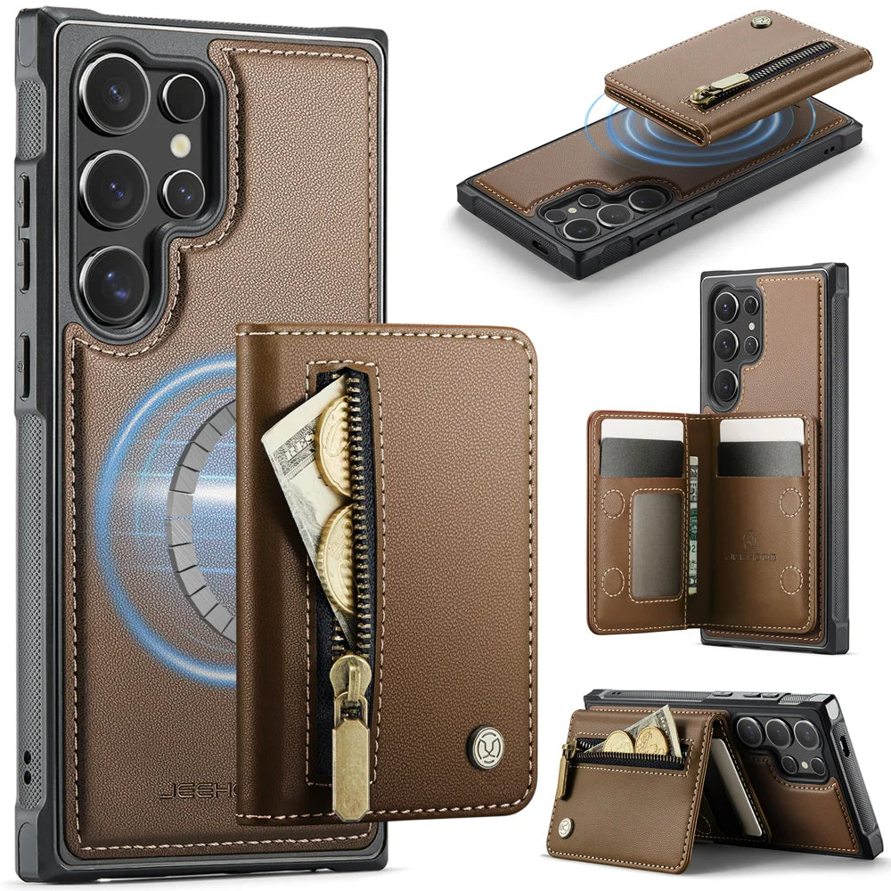 JEEHOOD For Samsung Galaxy S25 Ultra Case  J12 Magnetic Detachable Zipper Wallet Kickstand Leather Back Cover Magnetic Case - Brown - 1