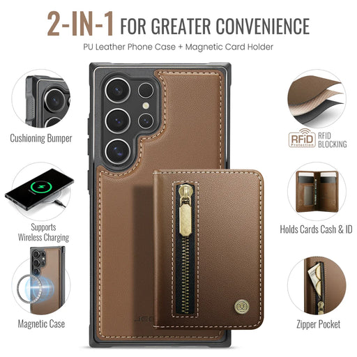 JEEHOOD For Samsung Galaxy S25 Ultra Case  J12 Magnetic Detachable Zipper Wallet Kickstand Leather Back Cover Magnetic Case - Brown - 2