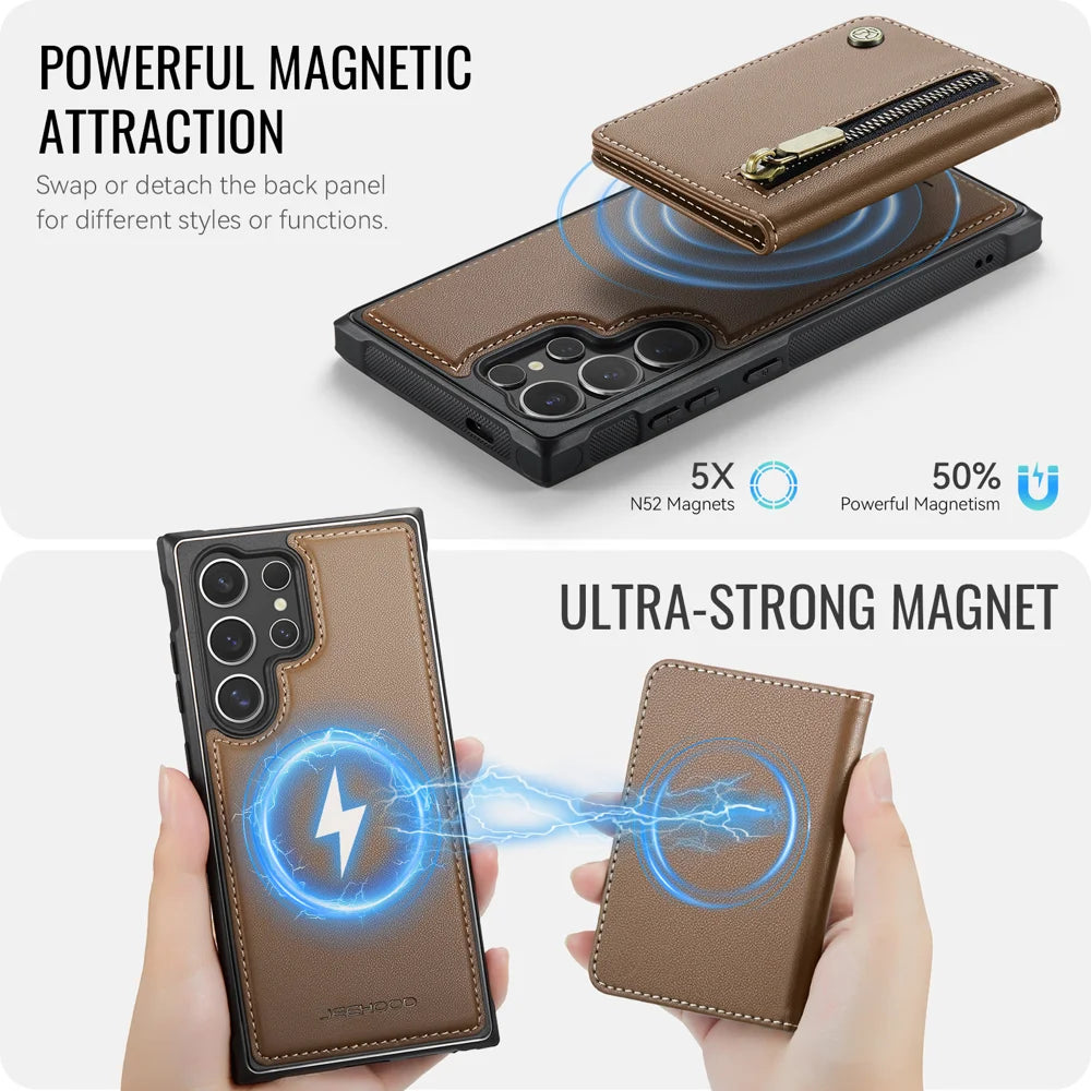 JEEHOOD For Samsung Galaxy S25 Ultra Case  J12 Magnetic Detachable Zipper Wallet Kickstand Leather Back Cover Magnetic Case - Brown - 3