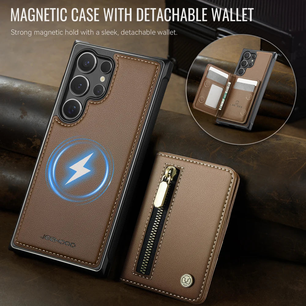 JEEHOOD For Samsung Galaxy S25 Ultra Case  J12 Magnetic Detachable Zipper Wallet Kickstand Leather Back Cover Magnetic Case - Brown - 4