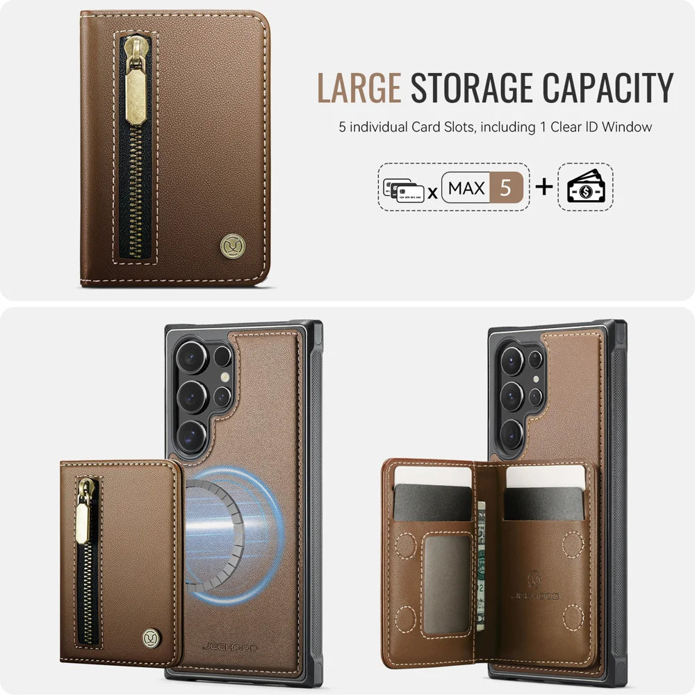 JEEHOOD For Samsung Galaxy S25 Ultra Case  J12 Magnetic Detachable Zipper Wallet Kickstand Leather Back Cover Magnetic Case - Brown - 5