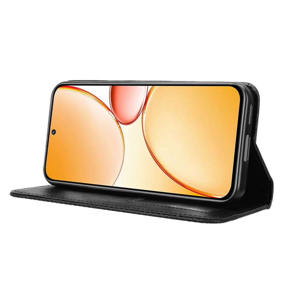 For Realme 15x (India) 5G / Realme C85 5G Leather Case Wallet Stand Retro Texture Phone Cover - Black - 7
