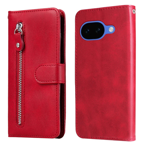 For Google Pixel 10a PU Leather Cases with Zipper Pocket Wallet Phone Cover Stand - Red - 1