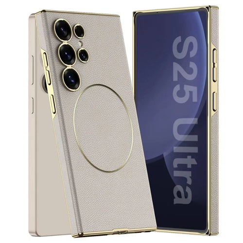 GKK For Samsung Galaxy S25 Ultra Magnetic Case Magnetic Nickel Ring Leather TPU Electroplating Phone Cover - Titanium Grey - 1