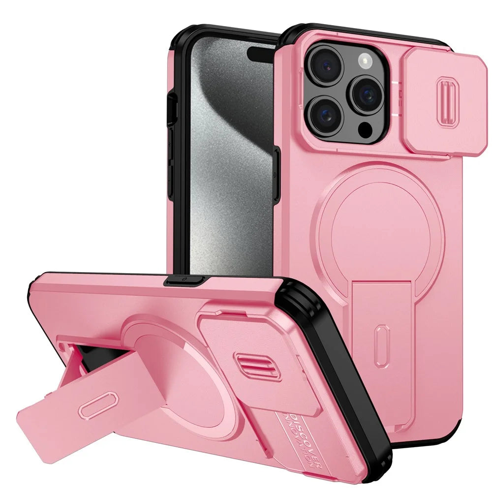 For iPhone 15 Pro Case Kickstand Camera Slider PC + TPU Phone Cover Compatible with MagSafe - Pink - 1