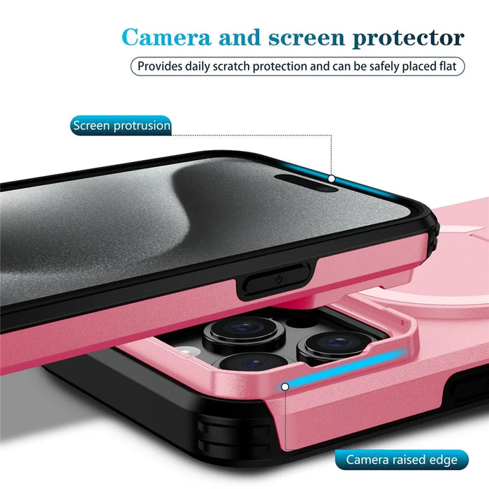 For iPhone 15 Pro Case Kickstand Camera Slider PC + TPU Phone Cover Compatible with MagSafe - Pink - 3