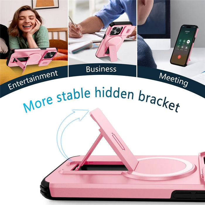For iPhone 15 Pro Case Kickstand Camera Slider PC + TPU Phone Cover Compatible with MagSafe - Pink - 4