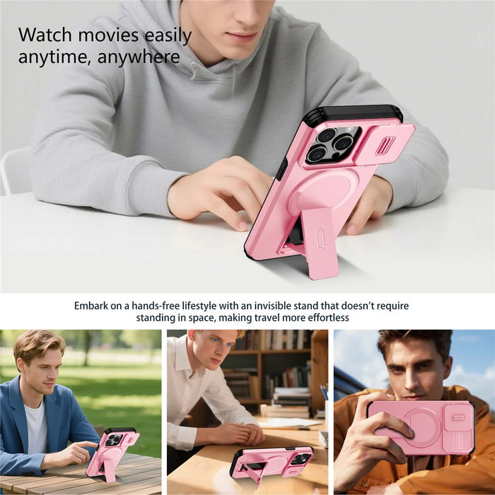 For iPhone 15 Pro Case Kickstand Camera Slider PC + TPU Phone Cover Compatible with MagSafe - Pink - 5