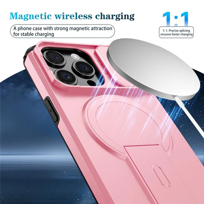 For iPhone 15 Pro Case Kickstand Camera Slider PC + TPU Phone Cover Compatible with MagSafe - Pink - 6