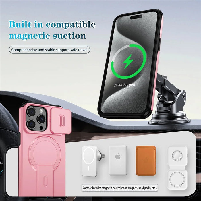 For iPhone 15 Pro Case Kickstand Camera Slider PC + TPU Phone Cover Compatible with MagSafe - Pink - 7