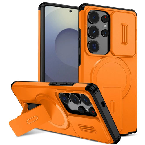 For Samsung Galaxy S25 Ultra Case Kickstand Camera Slider PC + TPU Phone Cover Magnetic Case - Orange - 1