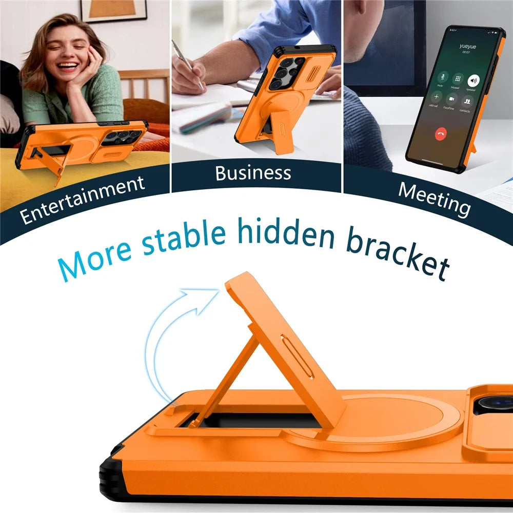 For Samsung Galaxy S25 Ultra Case Kickstand Camera Slider PC + TPU Phone Cover Magnetic Case - Orange - 4