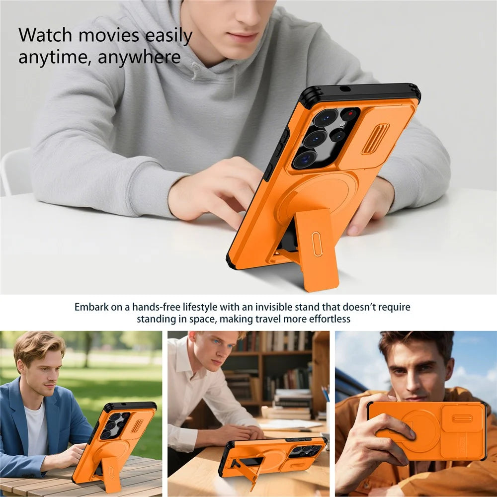 For Samsung Galaxy S25 Ultra Case Kickstand Camera Slider PC + TPU Phone Cover Magnetic Case - Orange - 5
