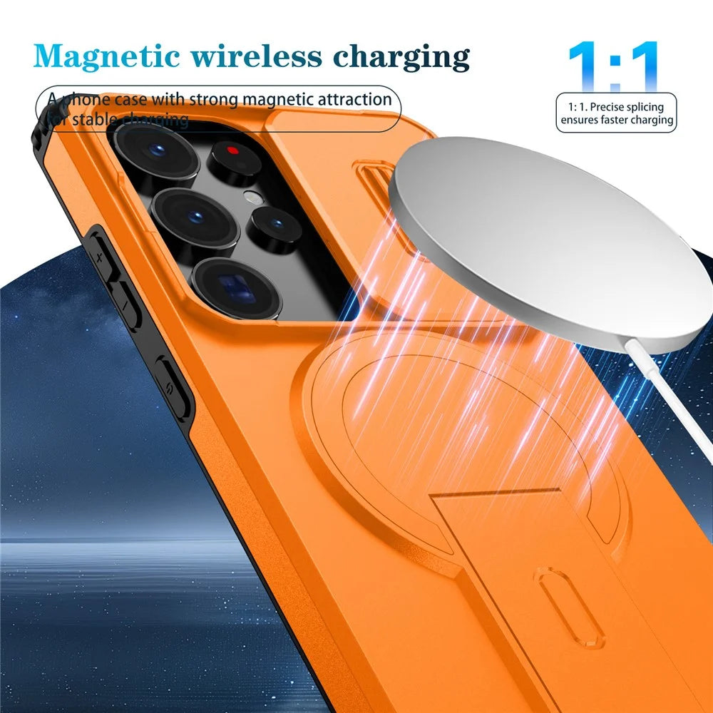 For Samsung Galaxy S25 Ultra Case Kickstand Camera Slider PC + TPU Phone Cover Magnetic Case - Orange - 6