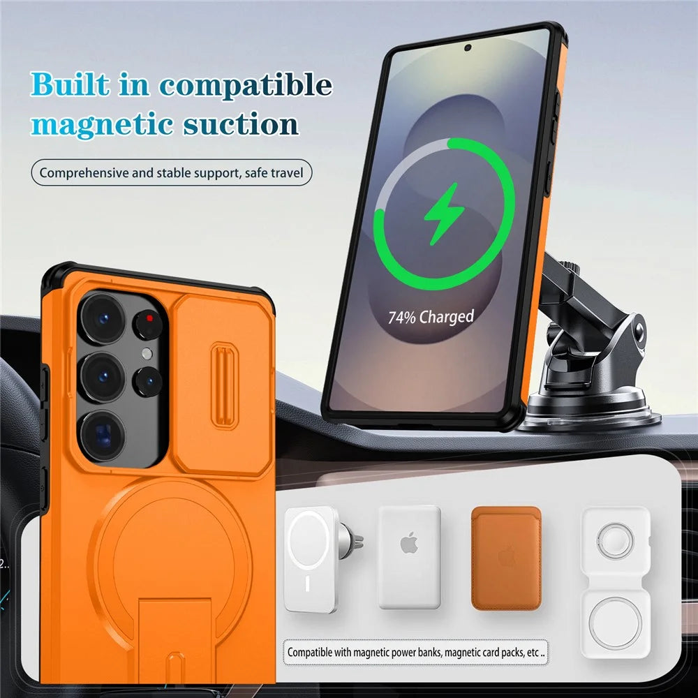 For Samsung Galaxy S25 Ultra Case Kickstand Camera Slider PC + TPU Phone Cover Magnetic Case - Orange - 7