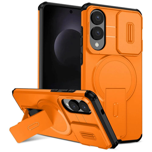 For Samsung Galaxy S25 Edge Magnetic Case Kickstand Camera Slider PC + TPU Phone Cover - Orange - 1