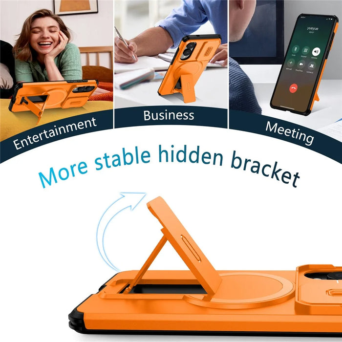 For Samsung Galaxy S25 Edge Magnetic Case Kickstand Camera Slider PC + TPU Phone Cover - Orange - 4