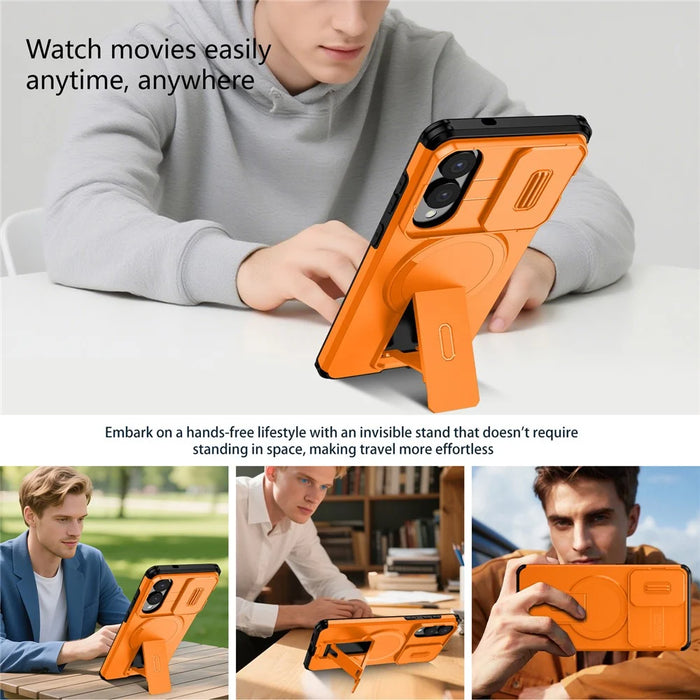 For Samsung Galaxy S25 Edge Magnetic Case Kickstand Camera Slider PC + TPU Phone Cover - Orange - 5