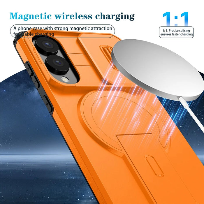 For Samsung Galaxy S25 Edge Magnetic Case Kickstand Camera Slider PC + TPU Phone Cover - Orange - 6