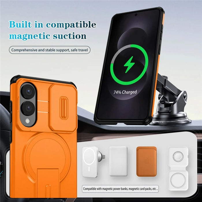 For Samsung Galaxy S25 Edge Magnetic Case Kickstand Camera Slider PC + TPU Phone Cover - Orange - 7