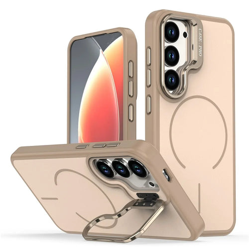 For Samsung Galaxy S23+ Case Skin-touch PC + TPU Magnetic Phone Cover with Lens Frame Kickstand - Desert Gold - 1