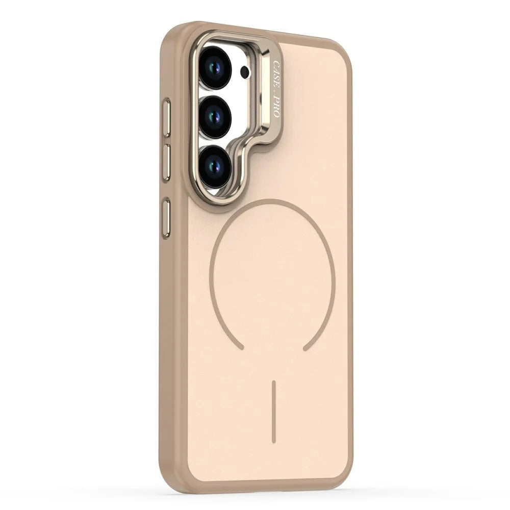 For Samsung Galaxy S23+ Case Skin-touch PC + TPU Magnetic Phone Cover with Lens Frame Kickstand - Desert Gold - 2