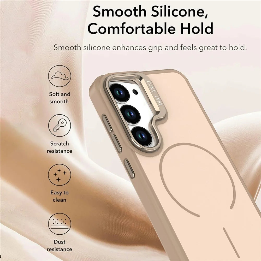 For Samsung Galaxy S23+ Case Skin-touch PC + TPU Magnetic Phone Cover with Lens Frame Kickstand - Desert Gold - 3