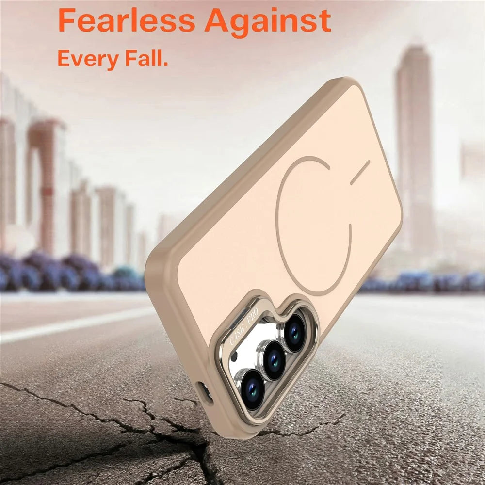 For Samsung Galaxy S23+ Case Skin-touch PC + TPU Magnetic Phone Cover with Lens Frame Kickstand - Desert Gold - 4