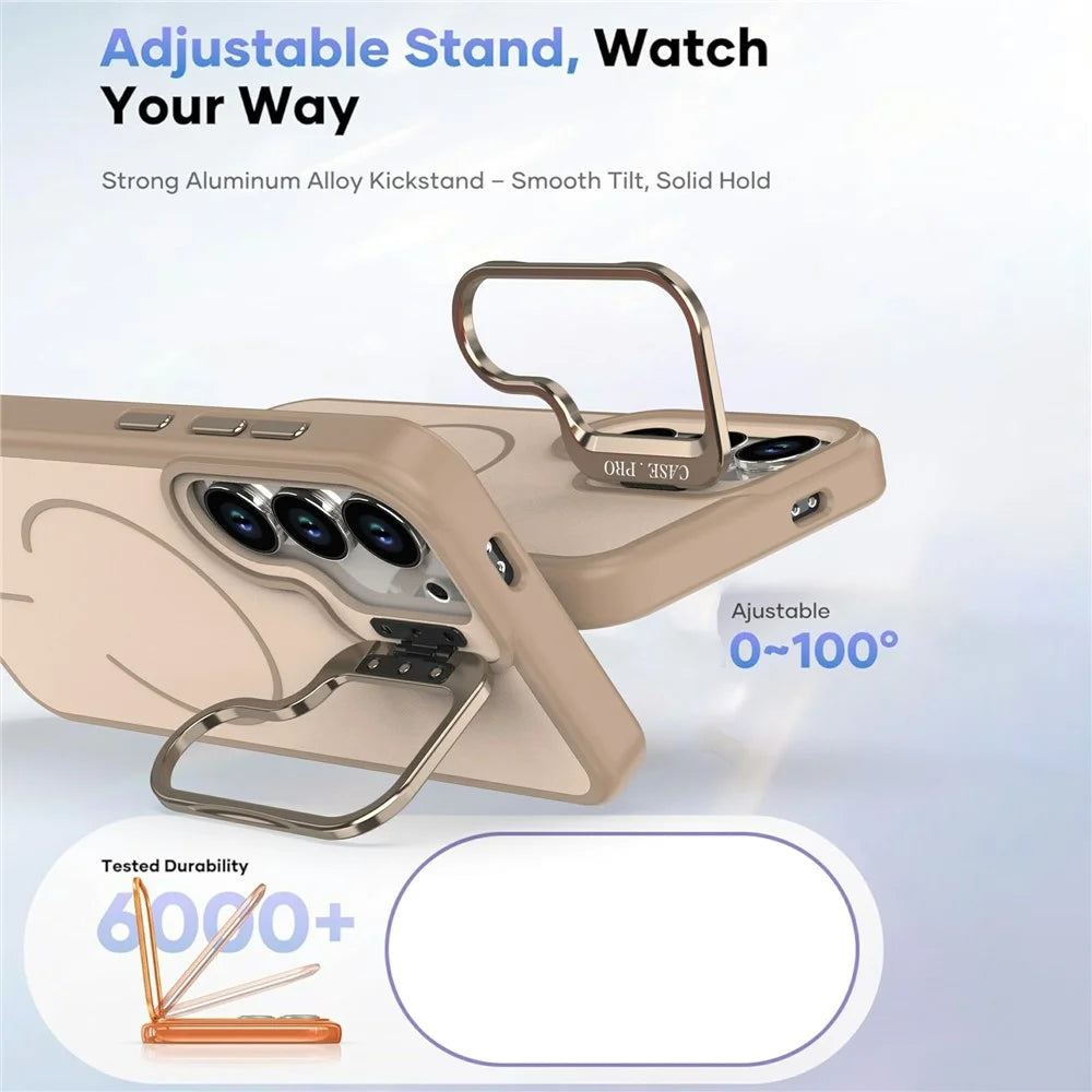 For Samsung Galaxy S23+ Case Skin-touch PC + TPU Magnetic Phone Cover with Lens Frame Kickstand - Desert Gold - 6