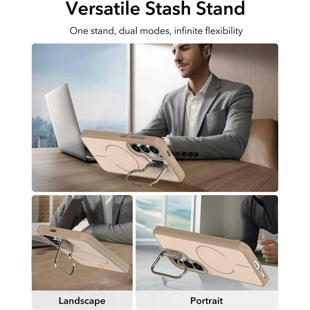 For Samsung Galaxy S23+ Case Skin-touch PC + TPU Magnetic Phone Cover with Lens Frame Kickstand - Desert Gold - 7