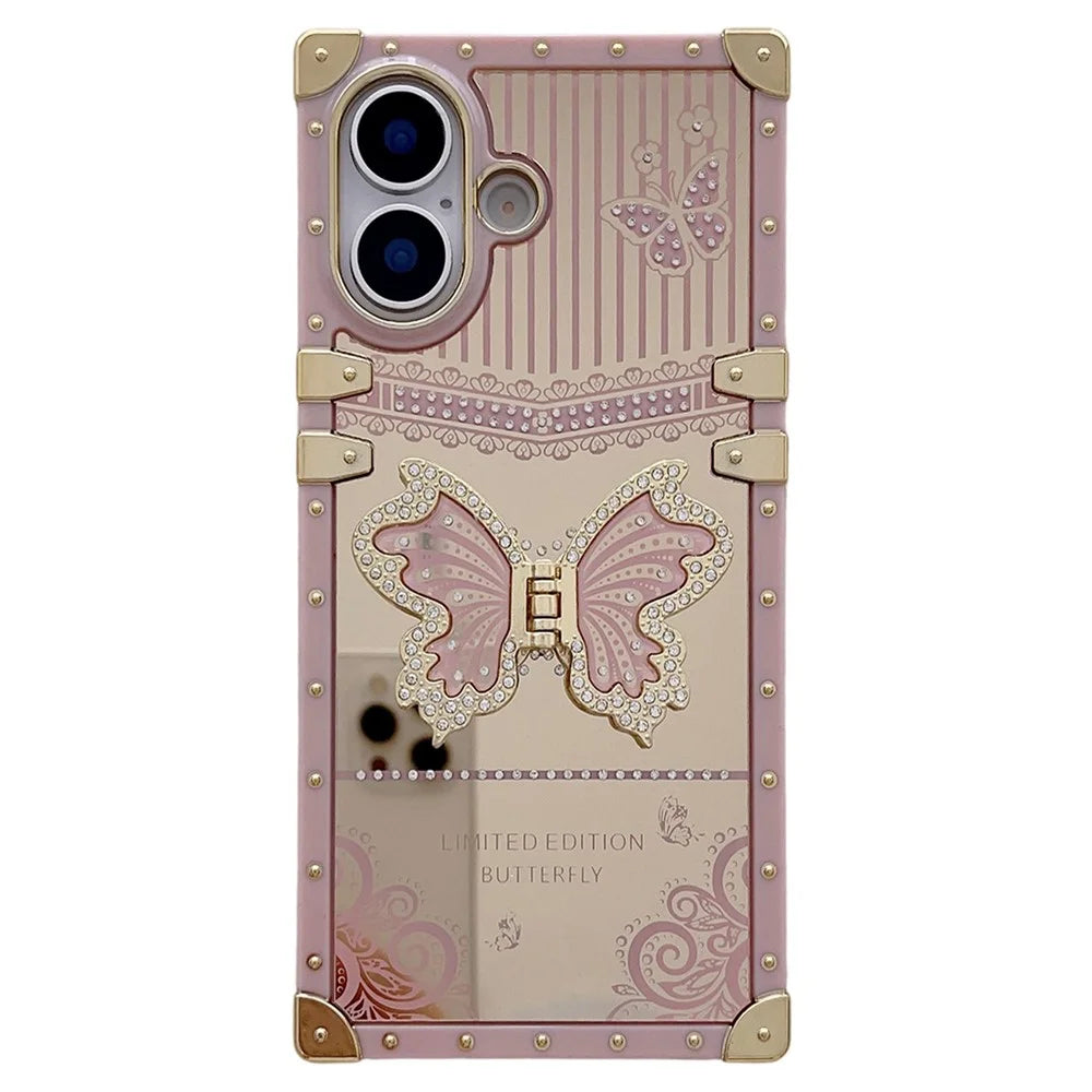 For iPhone 17 Case Electroplated TPU + PC Phone Cover with Butterfly Kickstand - Pink - 1