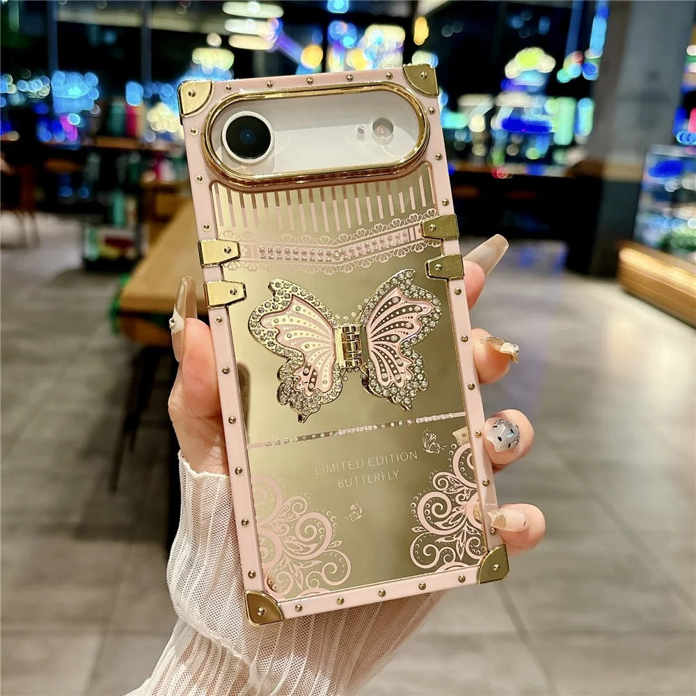 For iPhone Air Case Electroplated TPU + PC Phone Cover with Butterfly Kickstand - Pink - 2