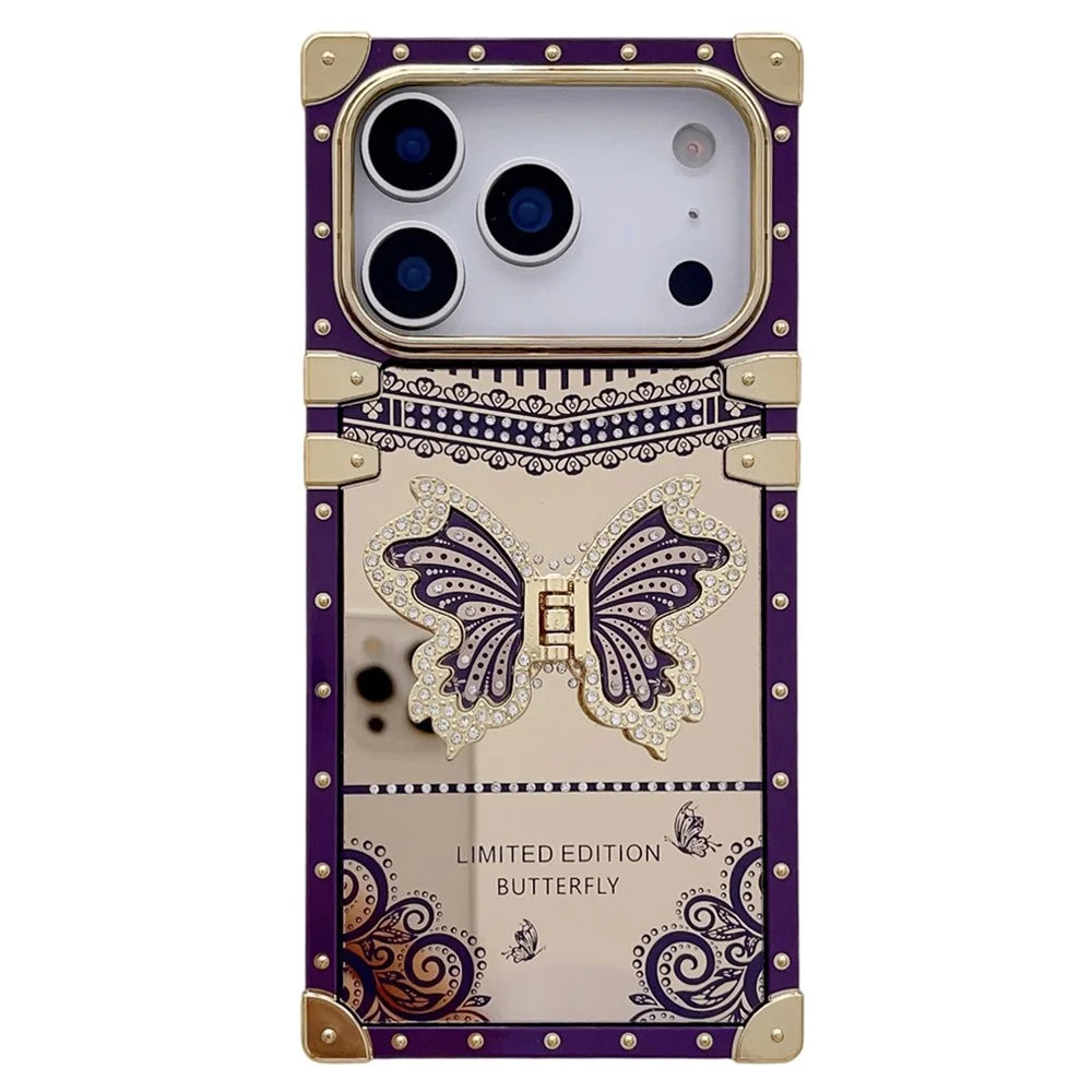 For iPhone 17 Pro Max Case Electroplated TPU + PC Phone Cover with Butterfly Kickstand - Dark Purple - 1