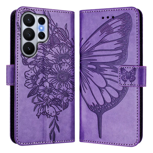 For Samsung Galaxy S26 Ultra Wallet Case with Wrist Strap Butterfly Imprint Leather Phone Cover - Purple - 1