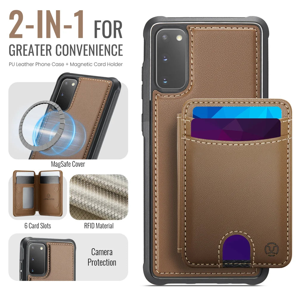 JEEHOOD For Samsung Galaxy S20 5G / Galaxy S20 4G Case  J10  Magnetic Case Leather Back Phone Cover with Detachable Card Holder Kickstand - Brown - 2