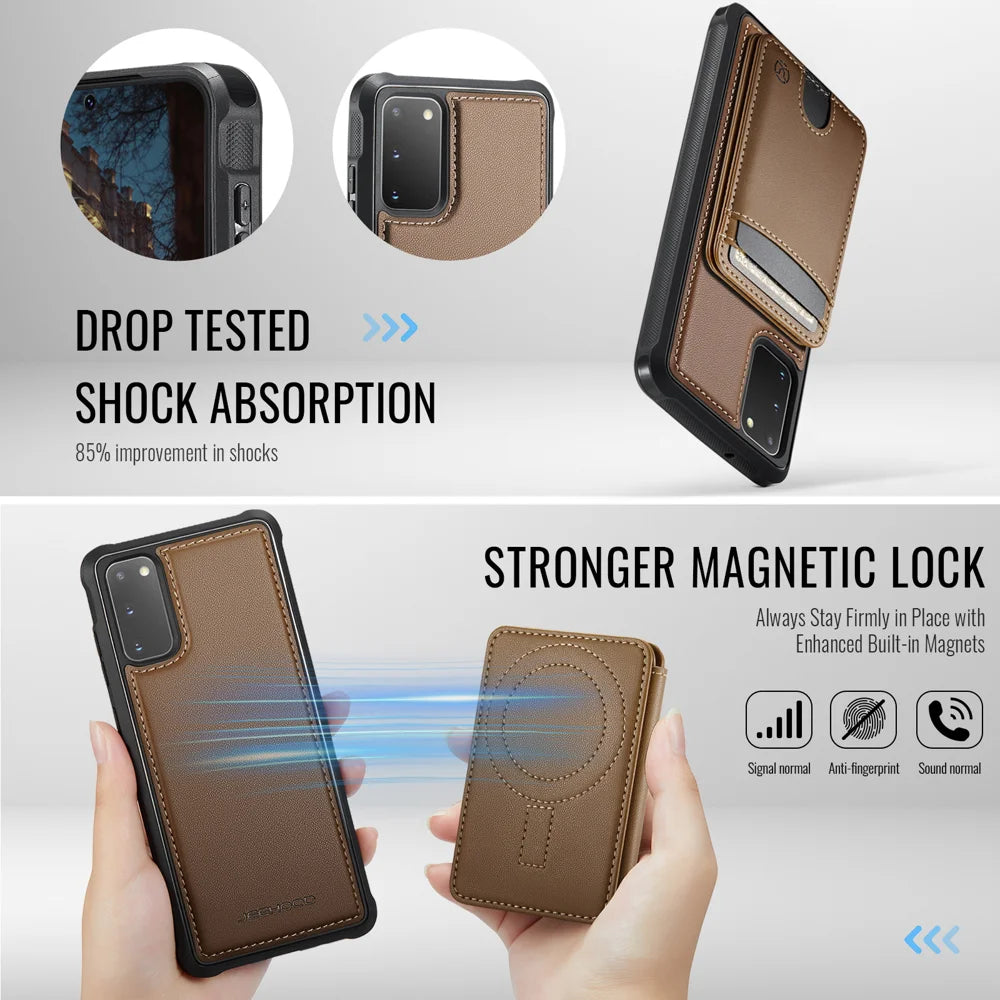 JEEHOOD For Samsung Galaxy S20 5G / Galaxy S20 4G Case  J10  Magnetic Case Leather Back Phone Cover with Detachable Card Holder Kickstand - Brown - 3
