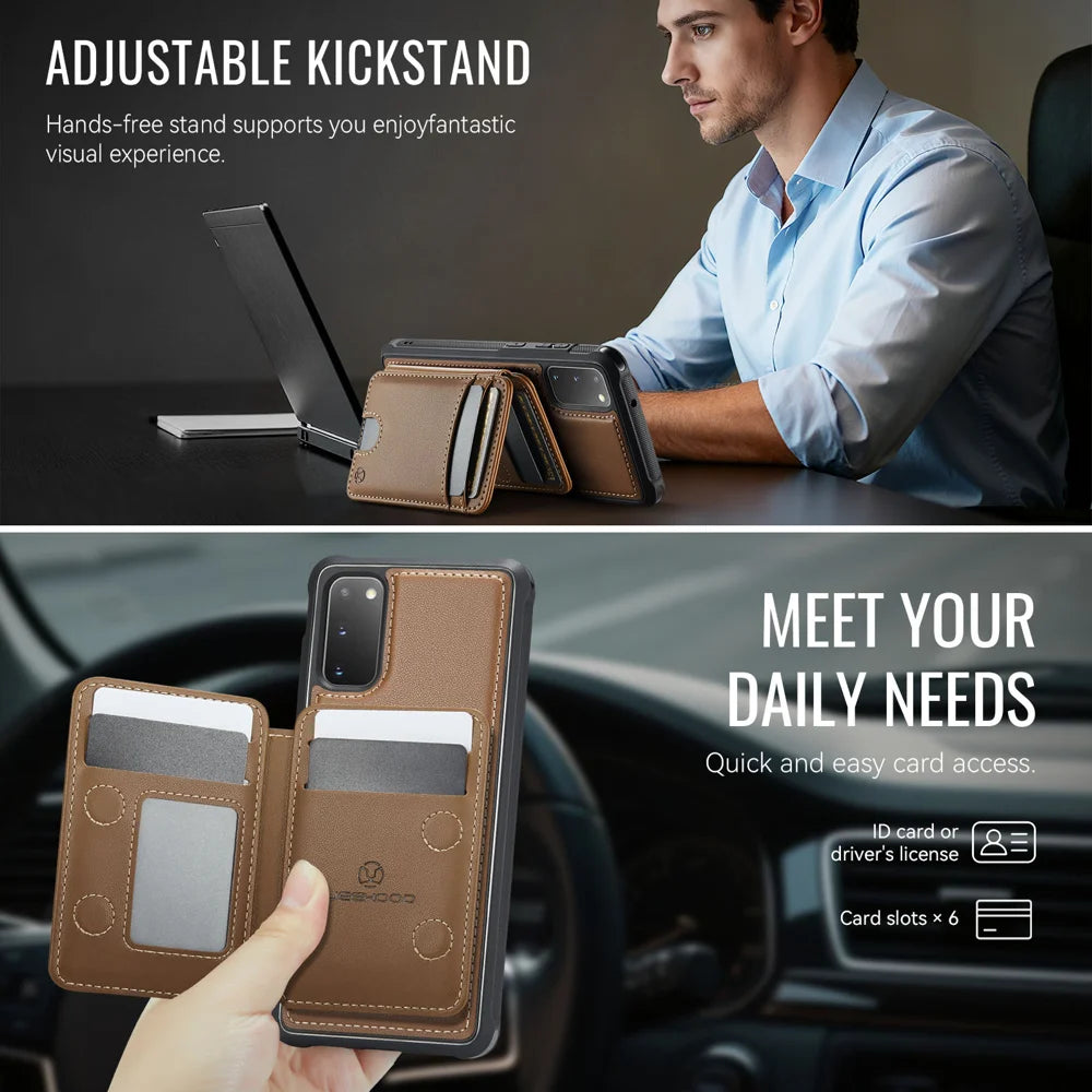 JEEHOOD For Samsung Galaxy S20 5G / Galaxy S20 4G Case  J10  Magnetic Case Leather Back Phone Cover with Detachable Card Holder Kickstand - Brown - 4