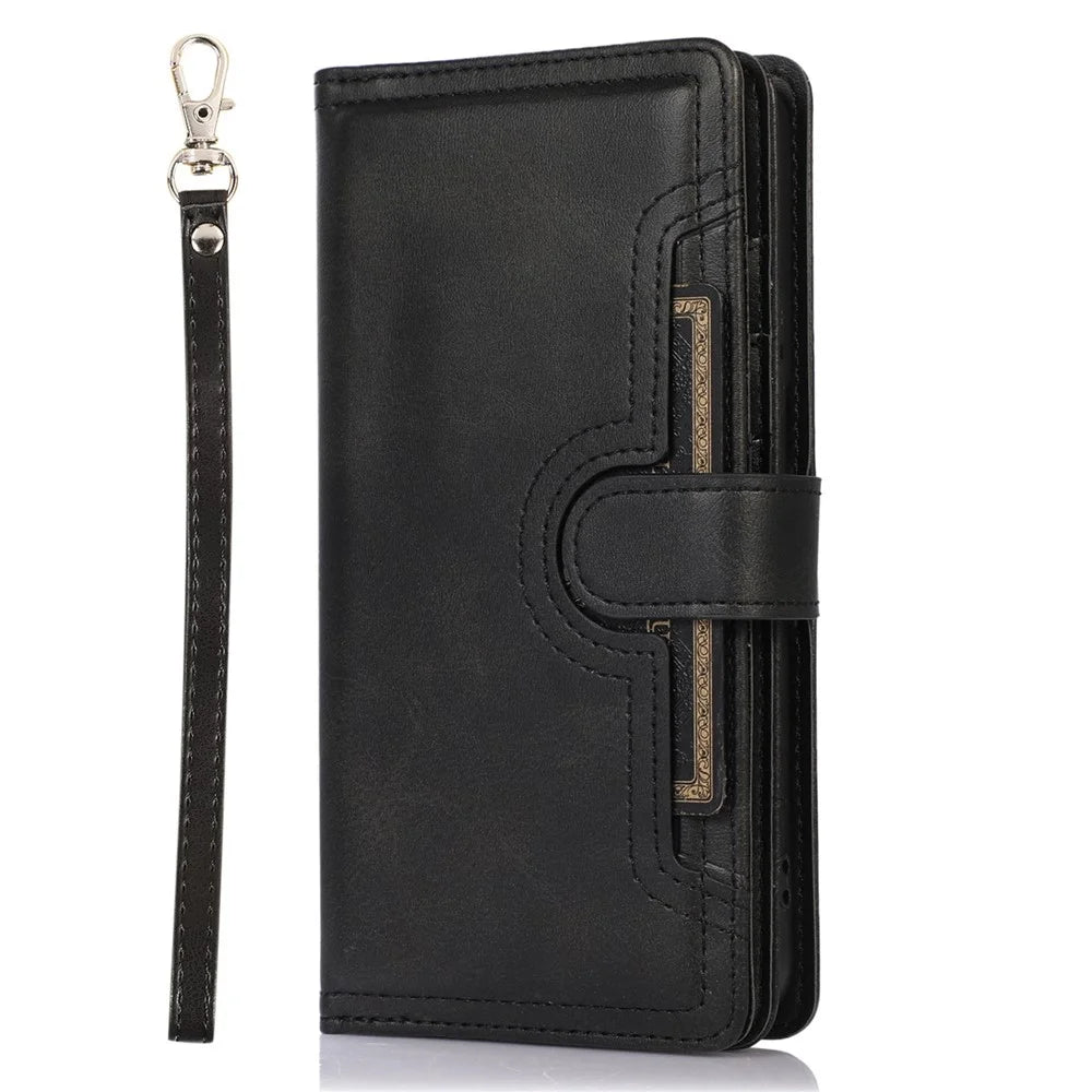 For Samsung Galaxy S23 Split Leather Magnetic Flip Protective Case Stand Multiple Card Slots Wallet Phone Cover with Hand Strap - Black - 6