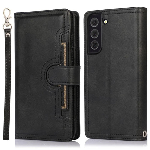 For Samsung Galaxy S23+ Split Leather Flip Wallet Case Stand Multiple Card Slots Magnetic Protect Phone Cover with Hand Strap - Black - 1