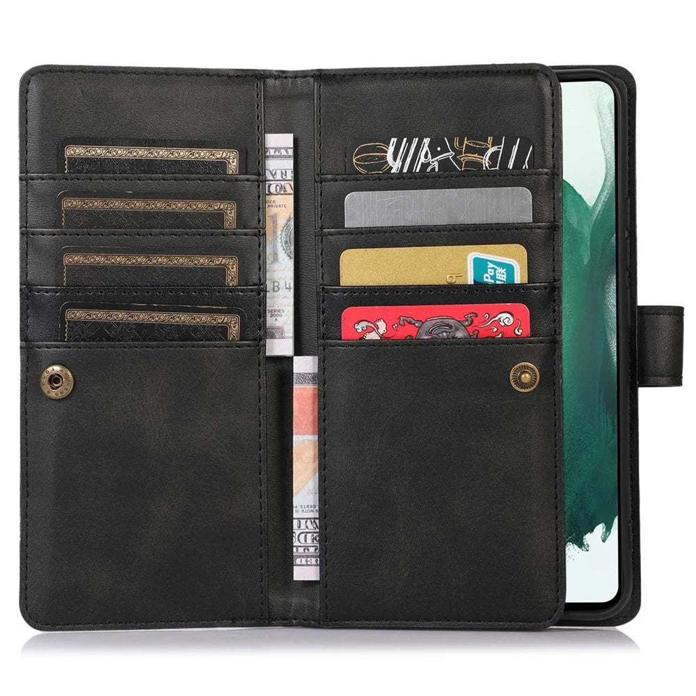 For Samsung Galaxy S23+ Split Leather Flip Wallet Case Stand Multiple Card Slots Magnetic Protect Phone Cover with Hand Strap - Black - 2