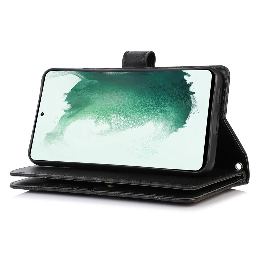 For Samsung Galaxy S23+ Split Leather Flip Wallet Case Stand Multiple Card Slots Magnetic Protect Phone Cover with Hand Strap - Black - 3