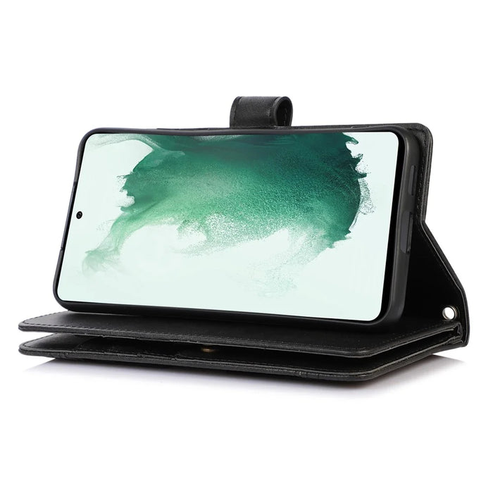 For Samsung Galaxy S23+ Split Leather Flip Wallet Case Stand Multiple Card Slots Magnetic Protect Phone Cover with Hand Strap - Black - 3