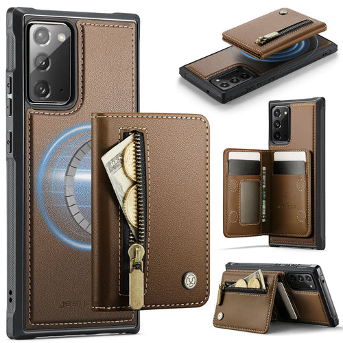 JEEHOOD For Samsung Galaxy Note20 Case  J12 Magnetic Detachable Zipper Wallet Kickstand Leather Back Cover Magnetic Case - Brown - 1