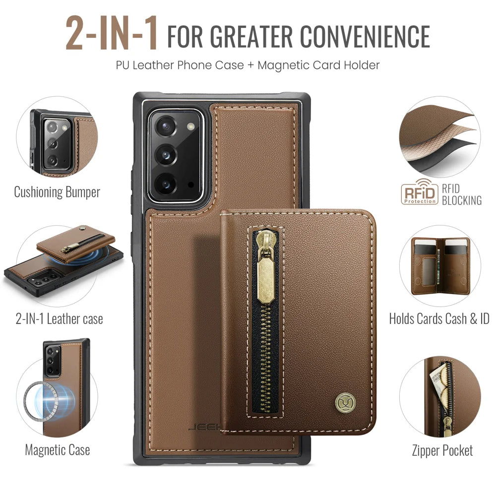 JEEHOOD For Samsung Galaxy Note20 Case  J12 Magnetic Detachable Zipper Wallet Kickstand Leather Back Cover Magnetic Case - Brown - 2